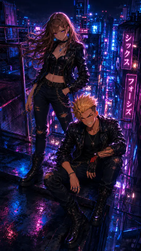 Complaints art: two band members in leather jackets on a neon-lit city street with Japanese signs