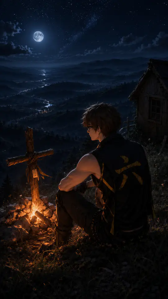 A figure sitting by a small fire next to a wooden cross under a full moon