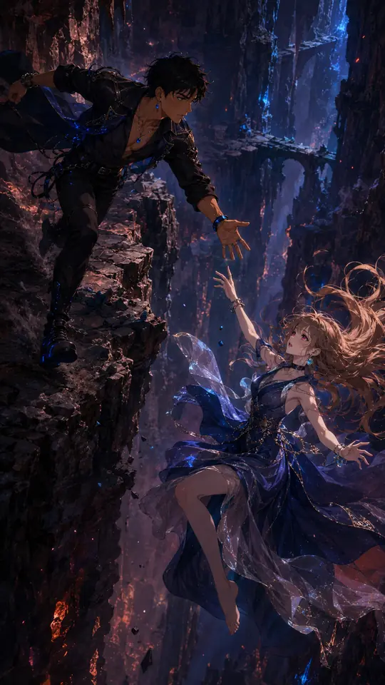 A.N.D. art: a young man on a dark cliff reaching down to a woman falling through swirling water