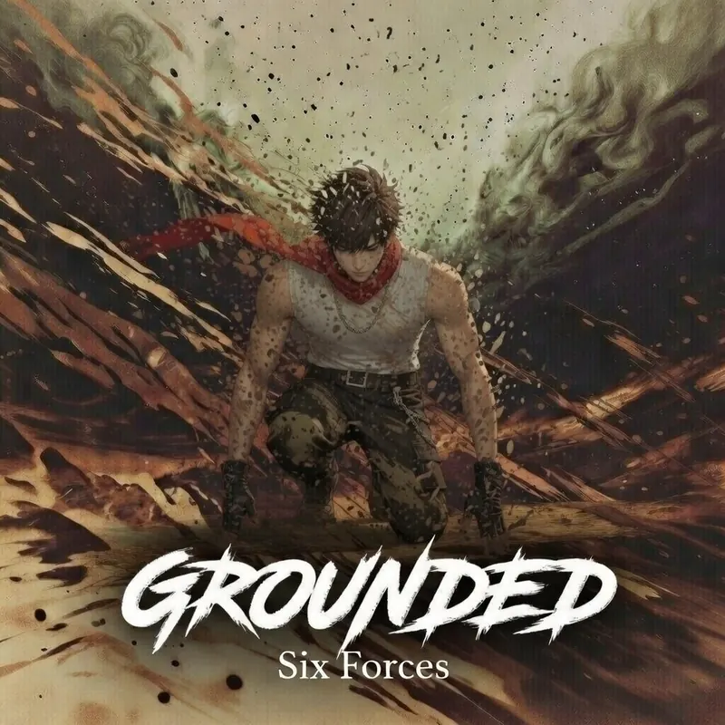 Grounded cover: Lee crouching in a storm of earth and rock, red scarf trailing