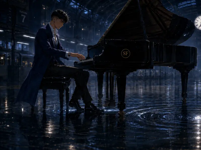David in a dark navy coat playing a grand piano on a flooded train station platform at night, ripples spreading across the water under a glowing station clock