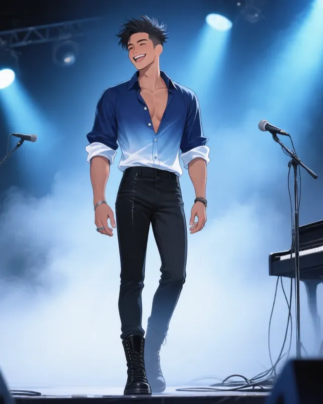 David laughing on a misty stage under blue spotlights, a keyboard beside him