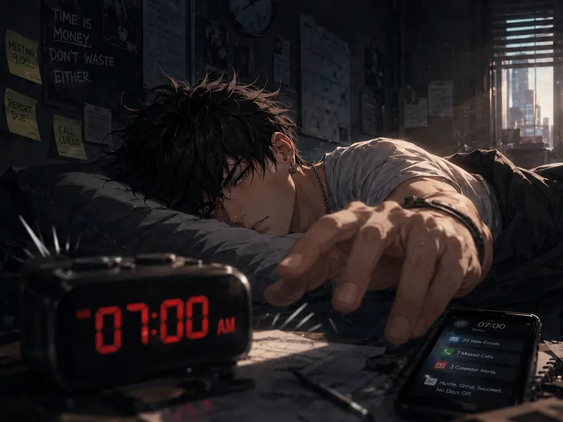 Lee asleep face-down on his pillow, reaching for a buzzing alarm clock that reads 7:00 AM as his phone lights up with missed calls and calendar alerts