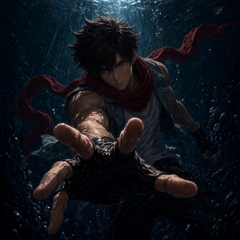 A dark-haired figure in a flowing red scarf sinks through deep blue water, reaching one hand toward the viewer